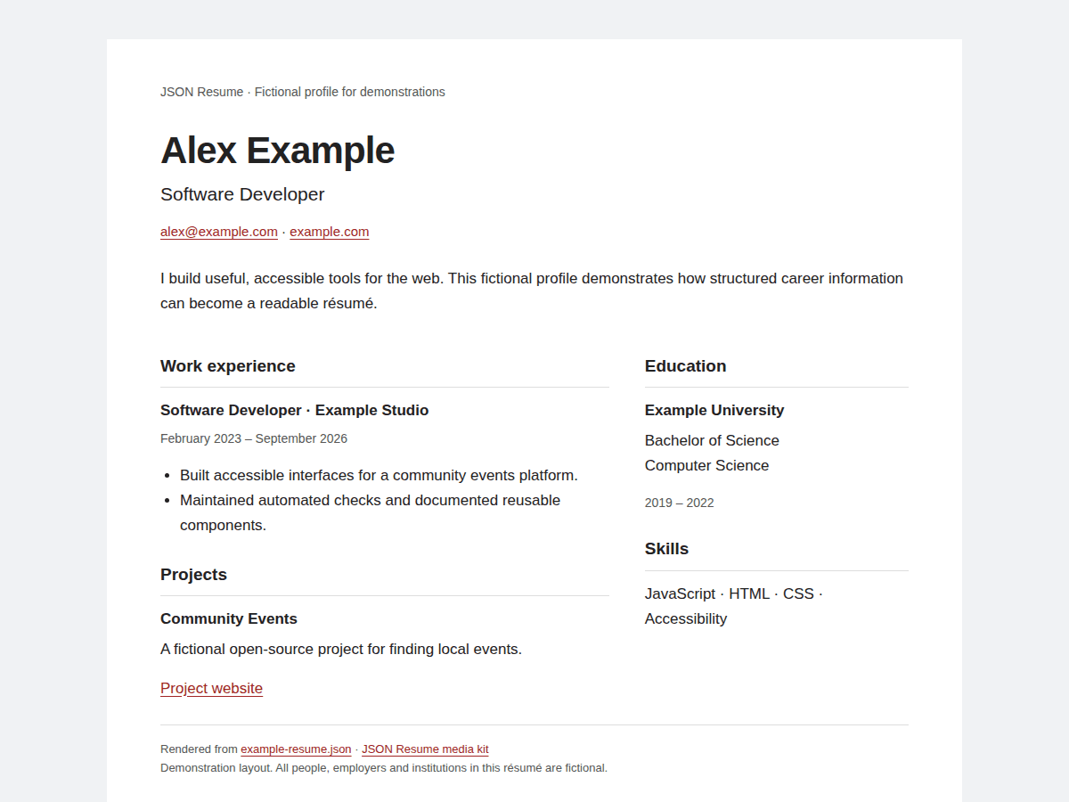 Alex Example’s fictional résumé, with work experience, education, skills and a portfolio project