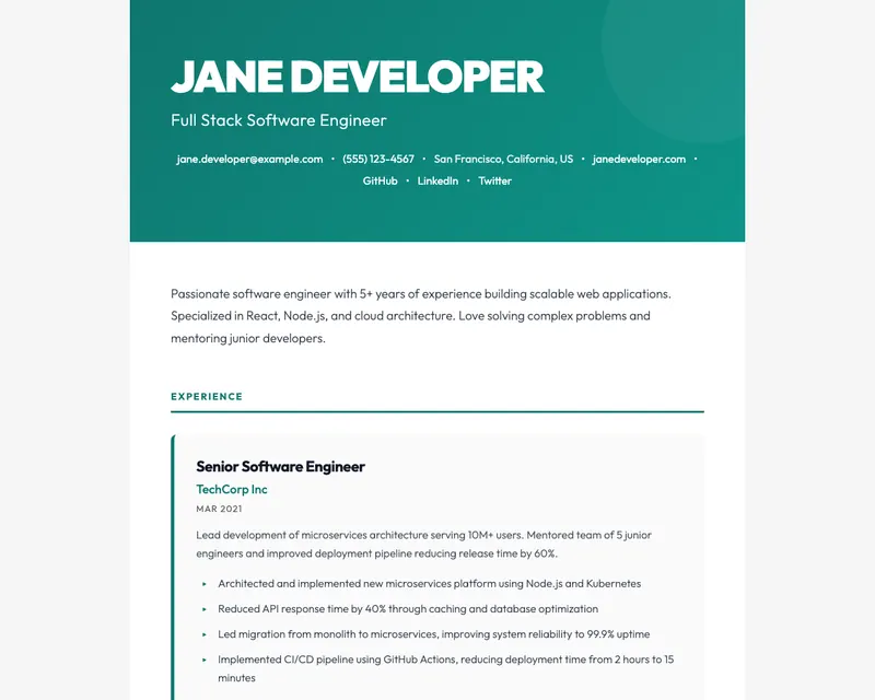 The same resume rendered with the Bold Header Statement theme: a teal header with Jane Developer's name, then her experience at TechCorp Inc.